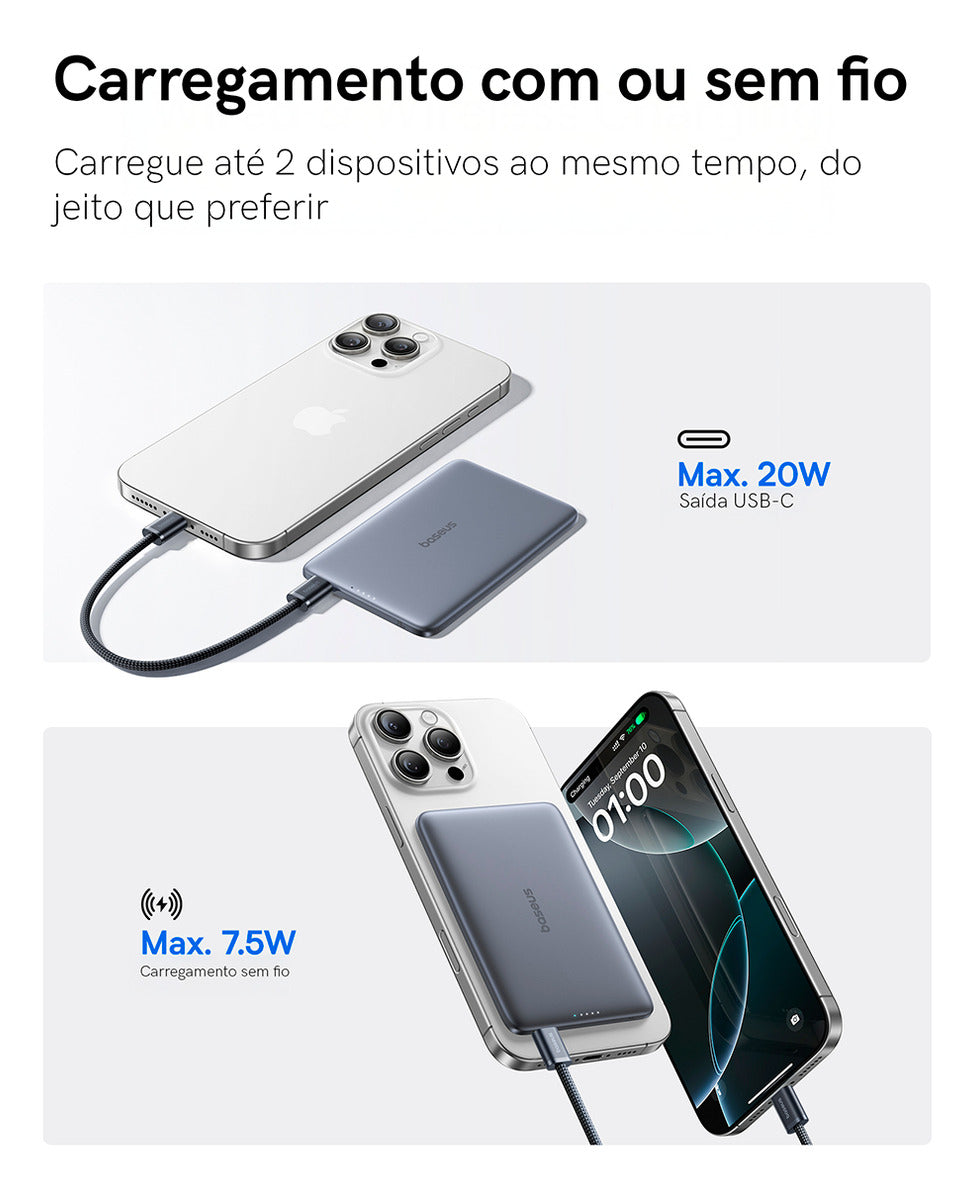 Carregador Portátil Magsafe Baseus 6000mah 20w Turbo Cor Cinza