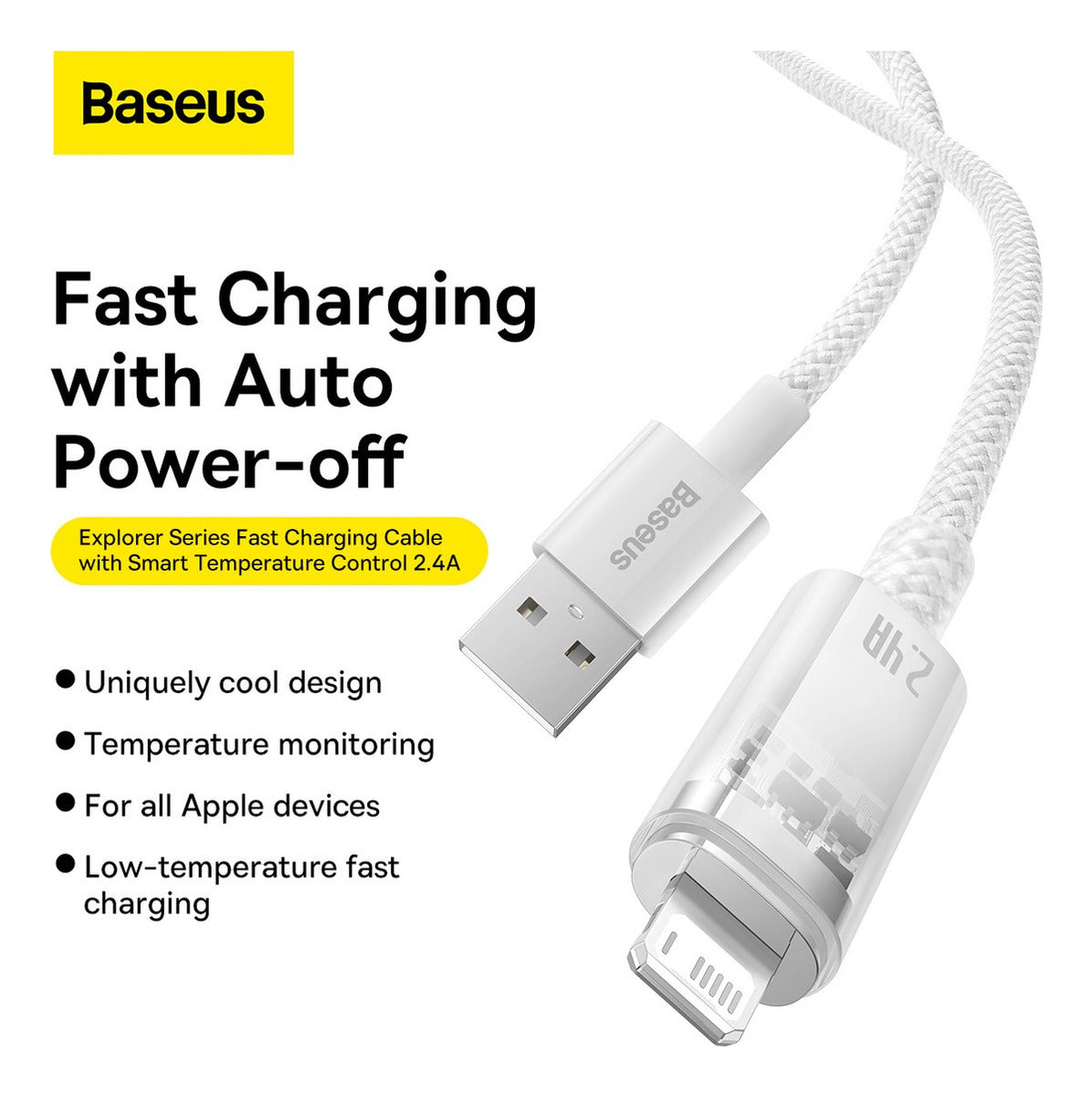 Cabo Baseus P/ iPhone 2.4a Usb Lightning Auto Power Off 2m Cor Branco