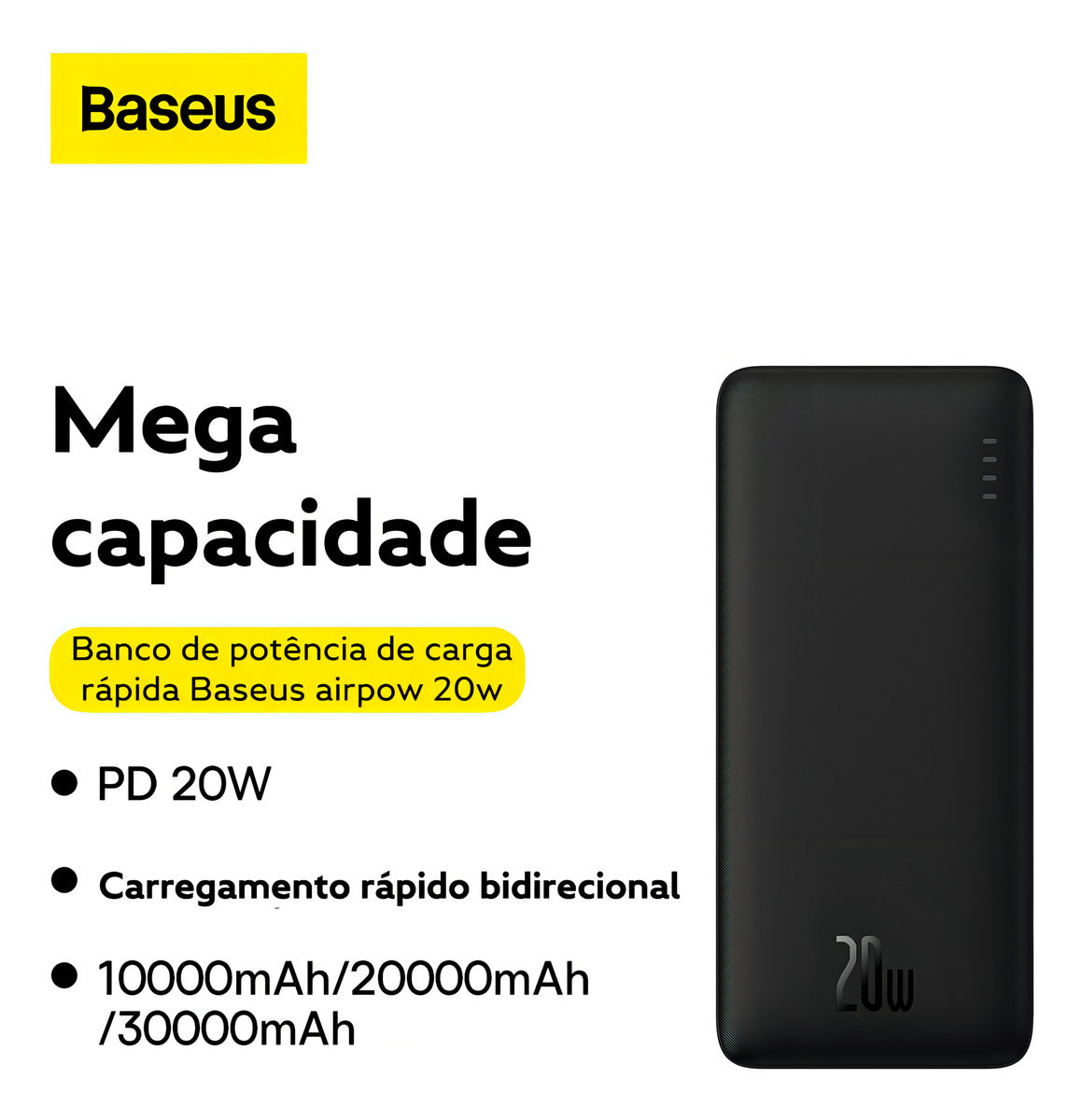 Power Bank Baseus Airpow 10000mah Turbo 20w Cabo Usb-c Cor Preto