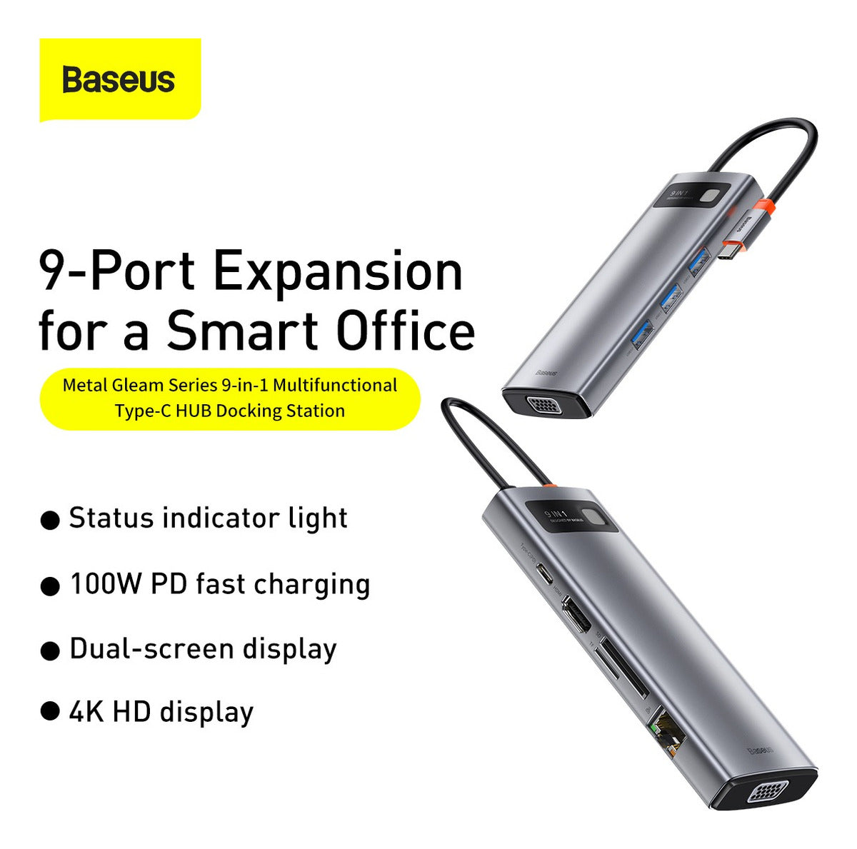 Hub Dock Station Baseus 9 Em 1 Usb C Hdmi 4k Vga Rj45 Tf Sd Cinza