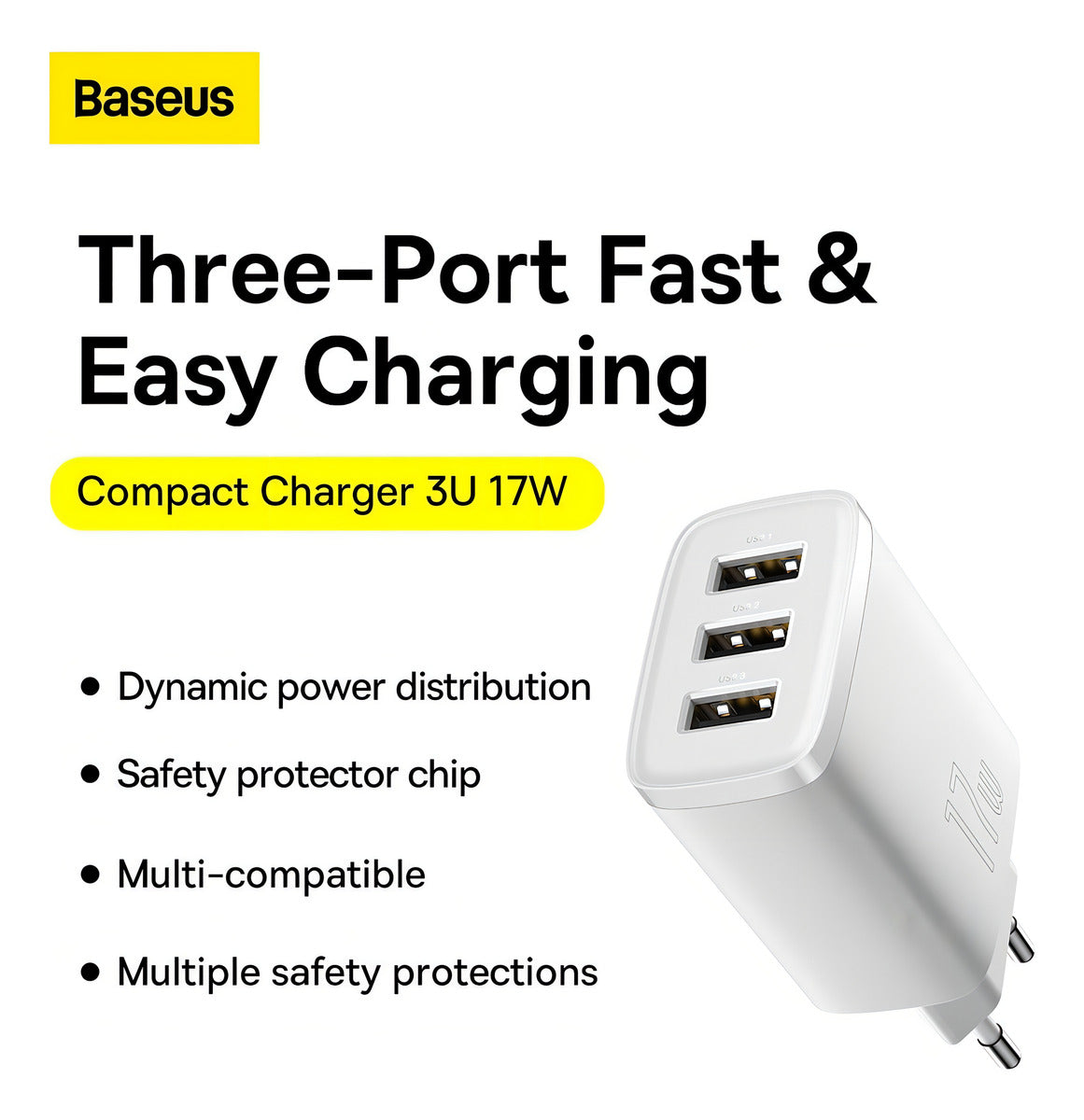 Carregador De Parede 17w Baseus 3x Usb P/ iPhone C/ Cabo Lightning - 1m Cor Branco