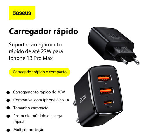 Carregador Rápido Turbo 30w Pd Baseus Tipo-c & 2 Usb Compact