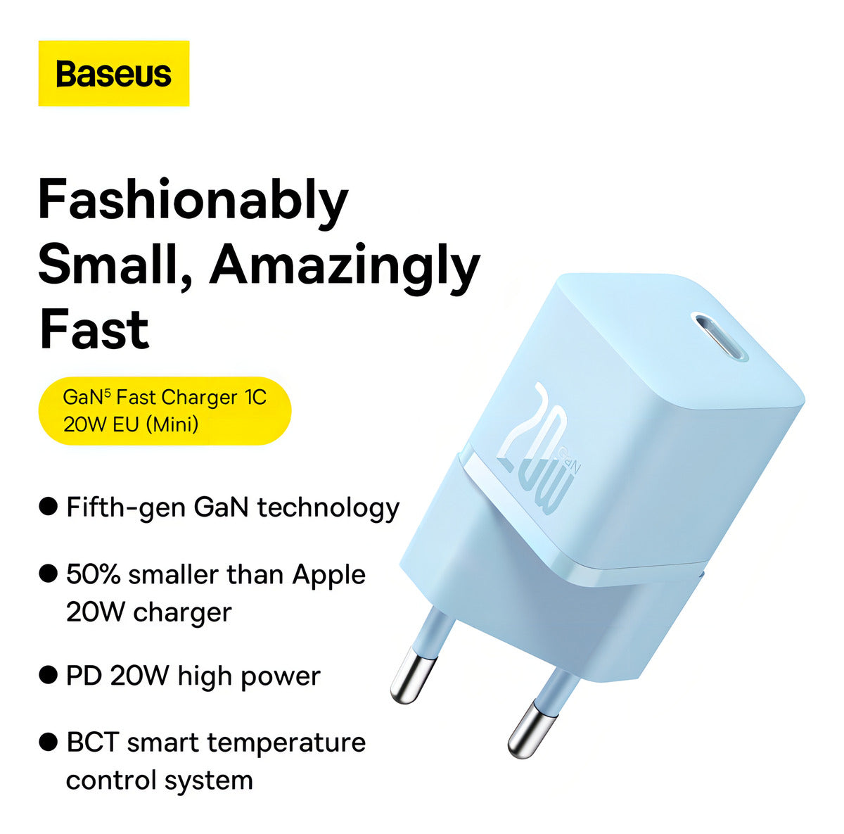 Carregador Baseus Turbo 20w Gan5 Usb-c Para iPhone E Android Cor Azul
