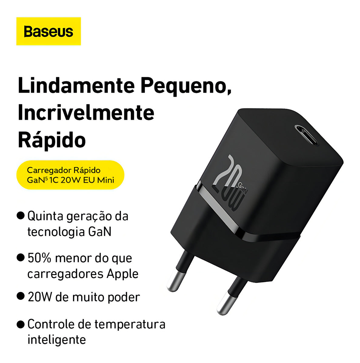 Carregador Baseus Turbo 20w Gan5 Usb-c Para iPhone E Android Cor Preto