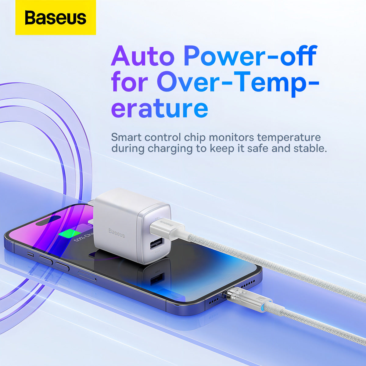 Cabo Baseus P/ iPhone 2.4a Usb Lightning Auto Power Off 2m Cor Branco