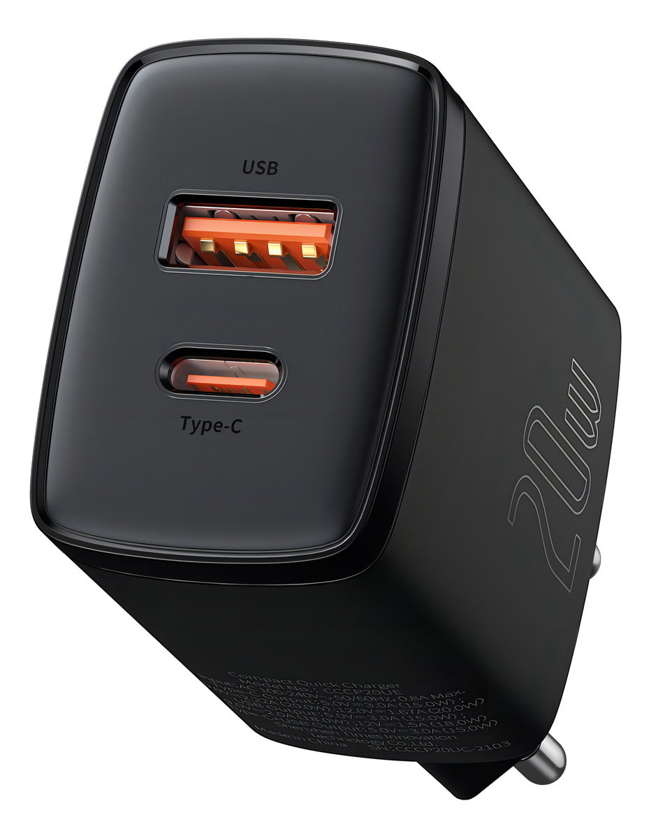 Carregador De Parede Baseus Usb + Tipo C - Qc 3.0 - Pd 20w Cor Preto