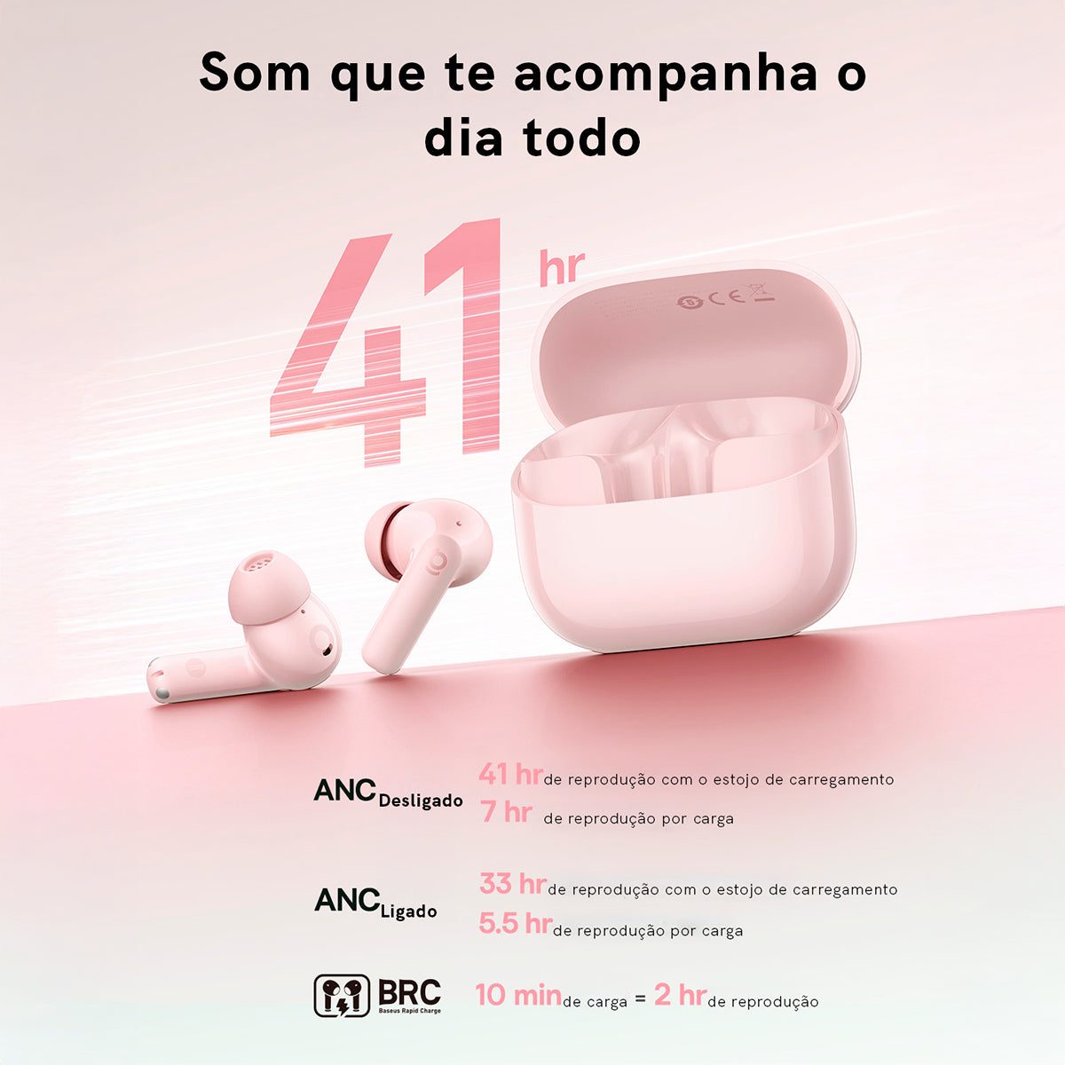 Fone Ouvido Bluetooth Baseus Bass Bp1 Nc Cancelamento Ruído Rosa