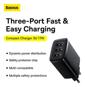 Carregador De Parede 17w Baseus 3x Usb x Lightning Cabo 1m Cor Preto