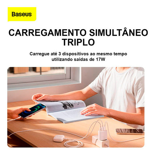 Carregador De Parede Turbo Triplo Usb Baseus Mini 17w